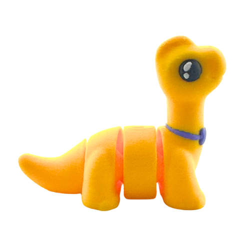 Monty the Brachiosaurus Flexling toy in yellow with purple fancy bow tie, limited edition collectible dinosaur figure