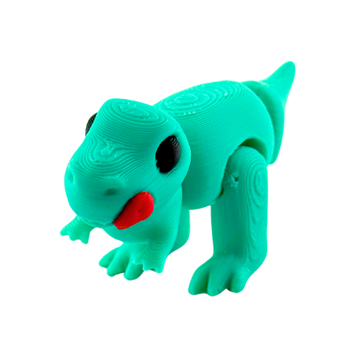 Roary the T-Rex Nom Nom Edition collectible toy in shimmery turquoise finish with tongue out in playful hungry pose