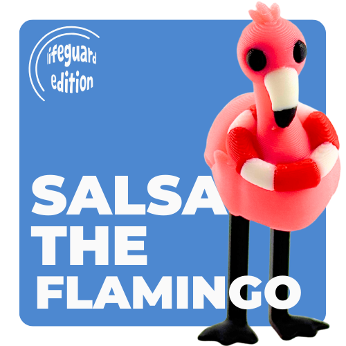 Pink flamingo toy wearing red and white lifeguard ring, poseable collectible figure by Flexlings