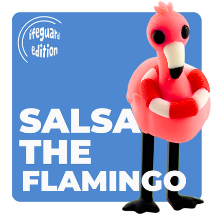 Pink flamingo toy wearing red and white lifeguard ring, poseable collectible figure by Flexlings