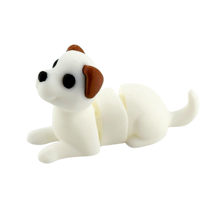 Waffles The Dog white articulated fidget toy from Flexlings Original Crew limited edition, shown in playful pose