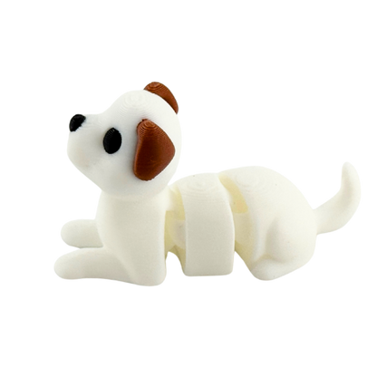 Waffles The Dog white articulated fidget toy from Flexlings Original Crew limited edition, shown in playful pose