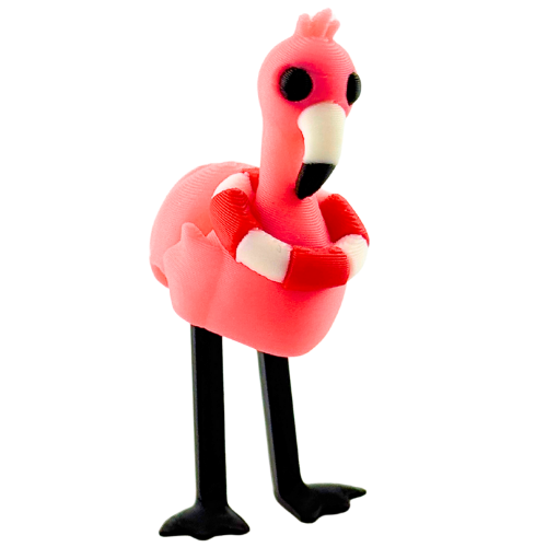 Pink flamingo toy wearing red and white lifeguard ring, poseable collectible figure by Flexlings