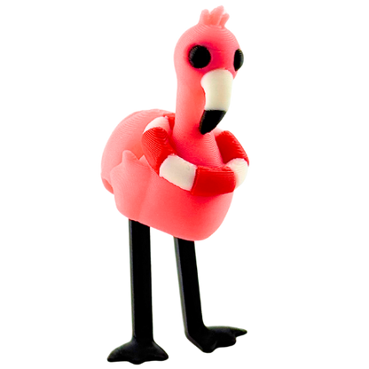 Pink flamingo toy wearing red and white lifeguard ring, poseable collectible figure by Flexlings