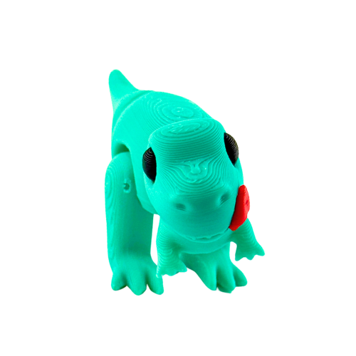 Roary the T-Rex Nom Nom Edition collectible toy in shimmery turquoise finish with tongue out in playful hungry pose