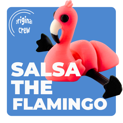 Salsa the Flamingo poseable toy in hot pink, standing on one leg with articulated neck and legs, Original Crew edition
