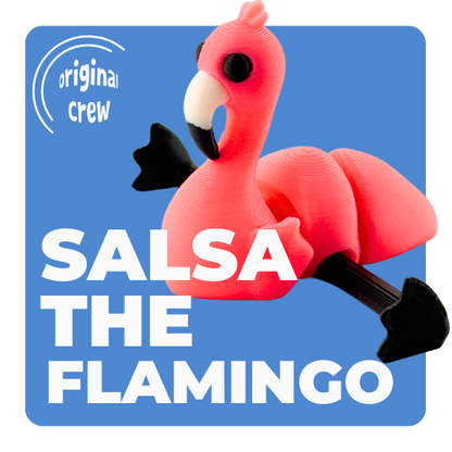 Salsa the Flamingo poseable toy in hot pink, standing on one leg with articulated neck and legs, Original Crew edition
