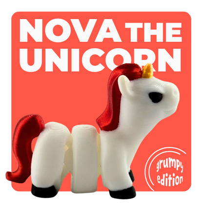Nova the Unicorn Angry Edition Flexling with red hair and narrowed eyes, white poseable figure, ultra-limited collectible