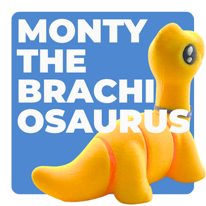Monty the Brachiosaurus Flexling toy in yellow with purple fancy bow tie, limited edition collectible dinosaur figure