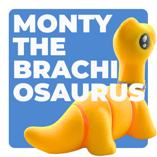 Monty the Brachiosaurus Flexling toy in yellow with purple fancy bow tie, limited edition collectible dinosaur figure