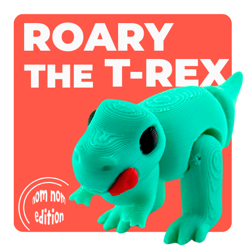 Roary the T-Rex Nom Nom Edition collectible toy in shimmery turquoise finish with tongue out in playful hungry pose