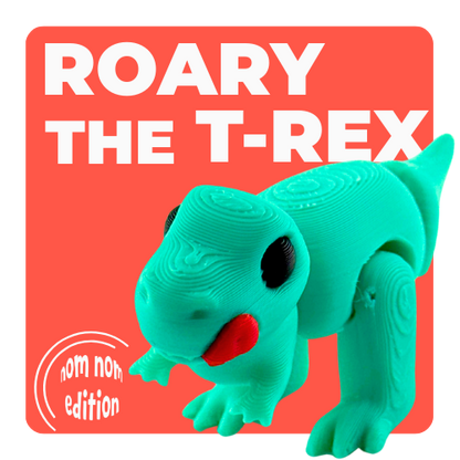 Roary the T-Rex Nom Nom Edition collectible toy in shimmery turquoise finish with tongue out in playful hungry pose