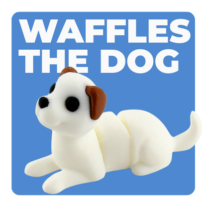Waffles The Dog white articulated fidget toy from Flexlings Original Crew limited edition, shown in playful pose
