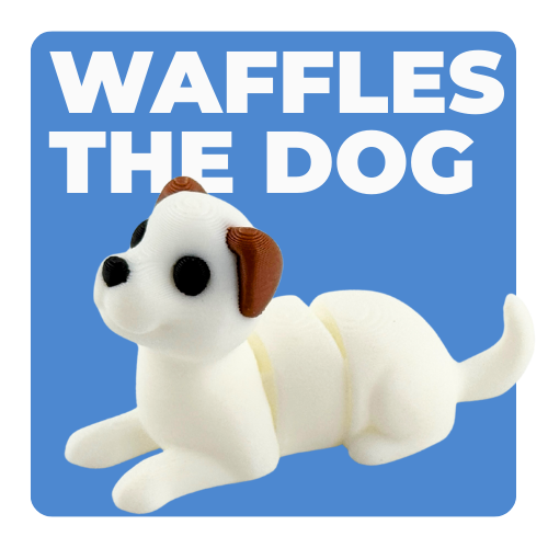 Waffles The Dog white articulated fidget toy from Flexlings Original Crew limited edition, shown in playful pose