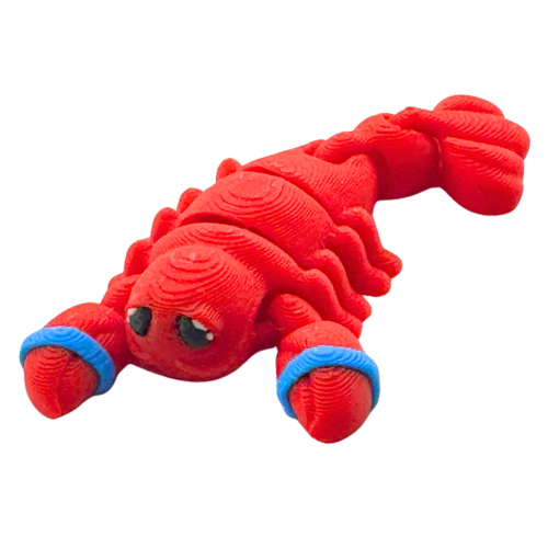 Red poseable lobster toy with blue rubber bands on claws, Clawdia the Lobster Caught Edition by Flexlings