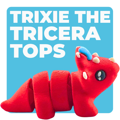 Red triceratops toy with large blue bow on frill, Fancy Edition collectible figure