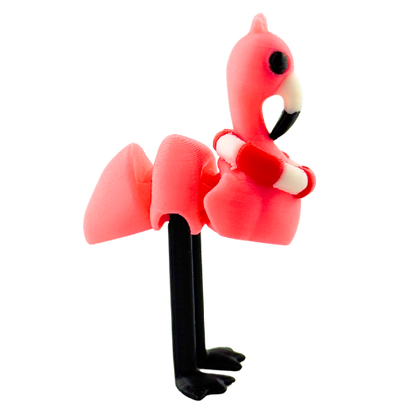 Pink flamingo toy wearing red and white lifeguard ring, poseable collectible figure by Flexlings
