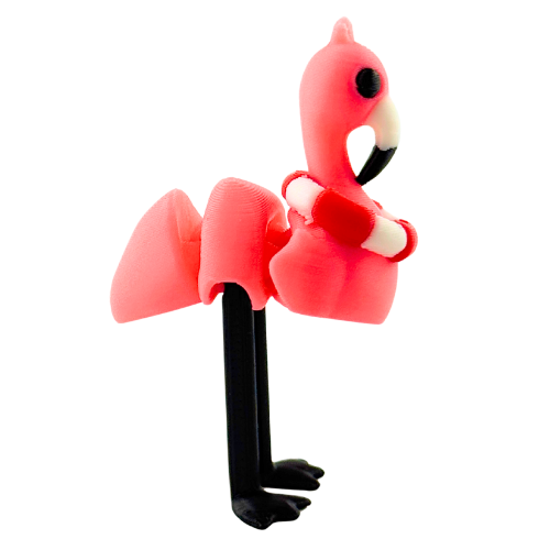 Pink flamingo toy wearing red and white lifeguard ring, poseable collectible figure by Flexlings