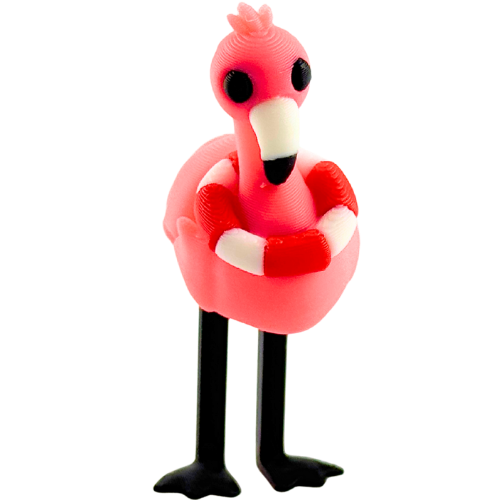 Pink flamingo toy wearing red and white lifeguard ring, poseable collectible figure by Flexlings