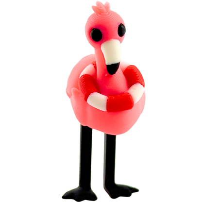Pink flamingo toy wearing red and white lifeguard ring, poseable collectible figure by Flexlings
