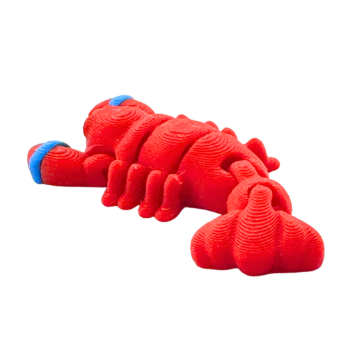 Red poseable lobster toy with blue rubber bands on claws, Clawdia the Lobster Caught Edition by Flexlings