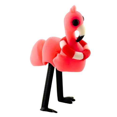 Pink flamingo toy wearing red and white lifeguard ring, poseable collectible figure by Flexlings