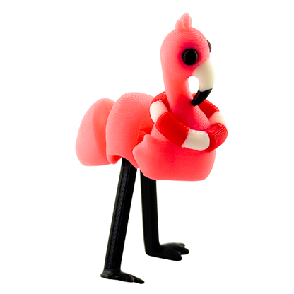 Pink flamingo toy wearing red and white lifeguard ring, poseable collectible figure by Flexlings